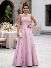 Romantic Pink Strapless 3D Floral A-Line Prom Dress