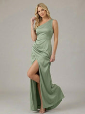 One Shoulder Satin Mermaid Long Bridesmaid Dresses for Women
