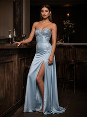 Light Blue Sheath Sweetheart Embroidery Long Satin Formal Dress With Slit