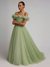 Pleated Tulle A Line Long Formal Dress with Ruffles