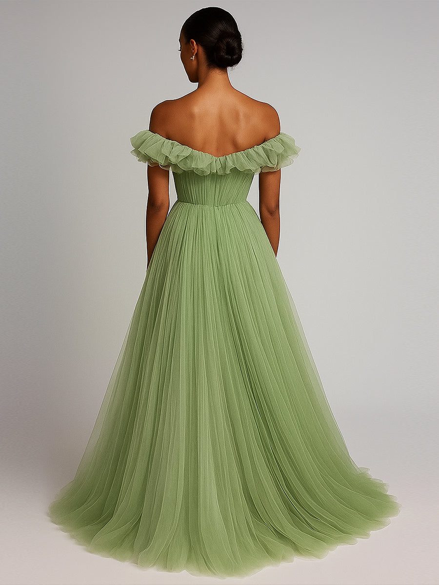 Pleated Tulle A Line Long Formal Dress with Ruffles