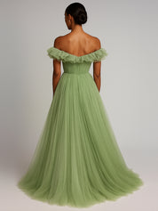 Pleated Tulle A Line Long Formal Dress with Ruffles