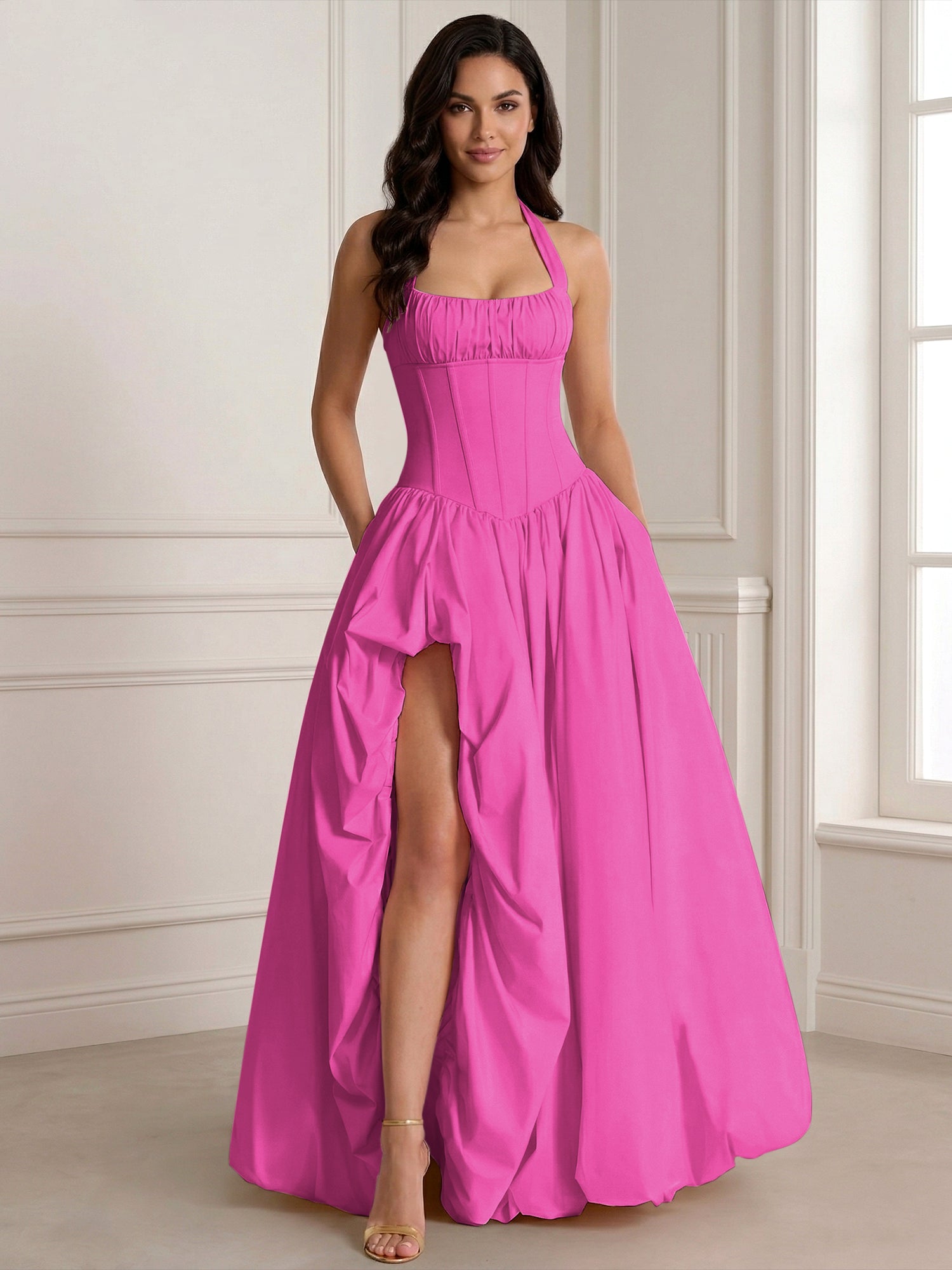 Glamorous Blush Pink Halter Corset Evening Paty Dress Gown