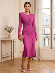 Dusty Rose Long Sleeve Ruched Midi Dress Formal Evening Gown