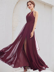 Mulberry A-Line Halter Floor-Length Chiffon Bridesmaid Dress