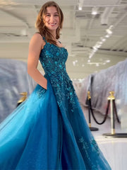 Peacock Blue A Line Slit Long Tulle Prom Dress with Appliques