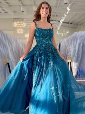 Peacock Blue A Line Slit Long Tulle Prom Dress with Appliques