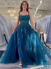 Peacock Blue A Line Slit Long Tulle Prom Dress with Appliques