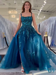 Peacock Blue A Line Slit Long Tulle Prom Dress with Appliques