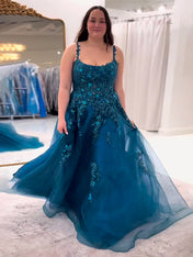 Peacock Blue A Line Slit Long Tulle Prom Dress with Appliques