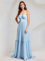 Light Blue A-Line Chiffon Sweetheart Spaghetti Straps Floor-Length Pleated Bridesmaid Dress