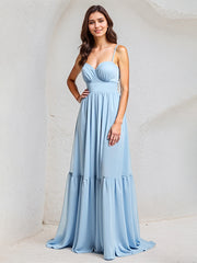 Light Blue A-Line Chiffon Sweetheart Spaghetti Straps Floor-Length Pleated Bridesmaid Dress