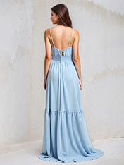 Light Blue A-Line Chiffon Sweetheart Spaghetti Straps Floor-Length Pleated Bridesmaid Dress