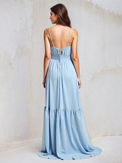 Light Blue A-Line Chiffon Sweetheart Spaghetti Straps Floor-Length Pleated Bridesmaid Dress