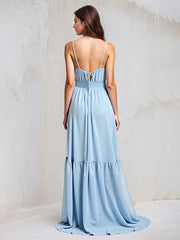 Light Blue A-Line Chiffon Sweetheart Spaghetti Straps Floor-Length Pleated Bridesmaid Dress