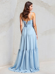 Light Blue A-Line Chiffon Sweetheart Spaghetti Straps Floor-Length Pleated Bridesmaid Dress