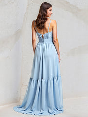 Light Blue A-Line Chiffon Sweetheart Spaghetti Straps Floor-Length Pleated Bridesmaid Dress