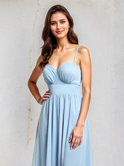 Light Blue A-Line Chiffon Sweetheart Spaghetti Straps Floor-Length Pleated Bridesmaid Dress