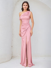 Pink Sheath Satin One-Shoulder Sleeveless Long Pleated Bridesmaid Dress