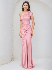 Pink Sheath Satin One-Shoulder Sleeveless Long Pleated Bridesmaid Dress