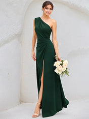 Dark Green A-Line Satin One-Shoulder Floor-Length Pleated Bridesmaid Dress With High Slit