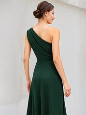 Dark Green A-Line Satin One-Shoulder Floor-Length Pleated Bridesmaid Dress With High Slit