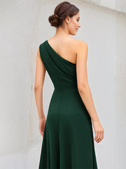 Dark Green A-Line Satin One-Shoulder Floor-Length Pleated Bridesmaid Dress With High Slit