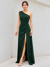 Dark Green A-Line Satin One-Shoulder Floor-Length Pleated Bridesmaid Dress With High Slit