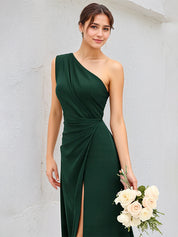 Dark Green A-Line Satin One-Shoulder Floor-Length Pleated Bridesmaid Dress With High Slit