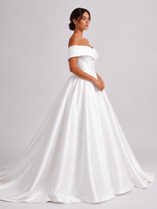 Elegant Off-The-Shoulder Satin Ball Gown Wedding Dress with Sweep Train