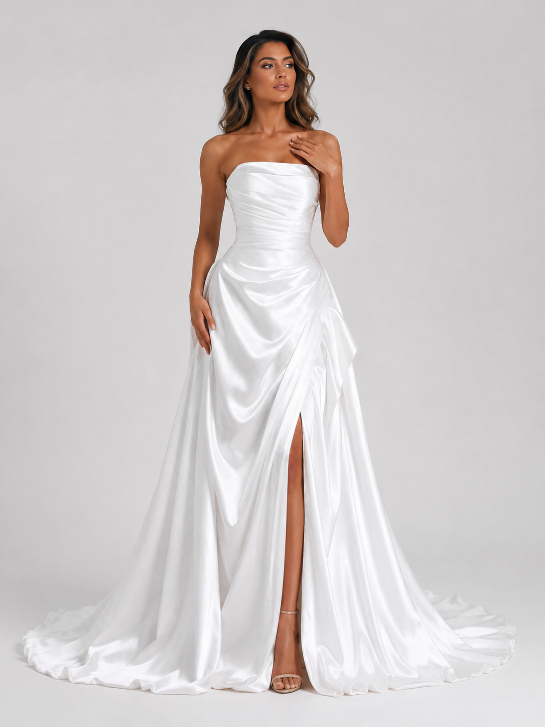 Elegant Strapless Ruched Satin A-Line Wedding Dress with High Slit and Chapel Train