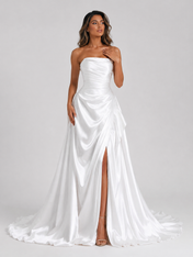 Elegant Strapless Ruched Satin A-Line Wedding Dress with High Slit and Chapel Train