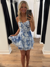 White Blue Flower A-Line Sweetheart Tiered Tulle Homecoming Dress
