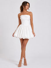 Elegant Strapless Corset Satin Bubble Mini Wedding Dress with Covered Button Back