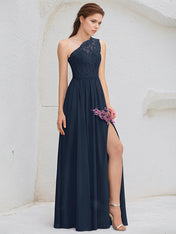 Dark Navy A-Line One Shoulder Floor-Length Lace Chiffon Bridesmaid Dress