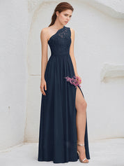 Dark Navy A-Line One Shoulder Floor-Length Lace Chiffon Bridesmaid Dress