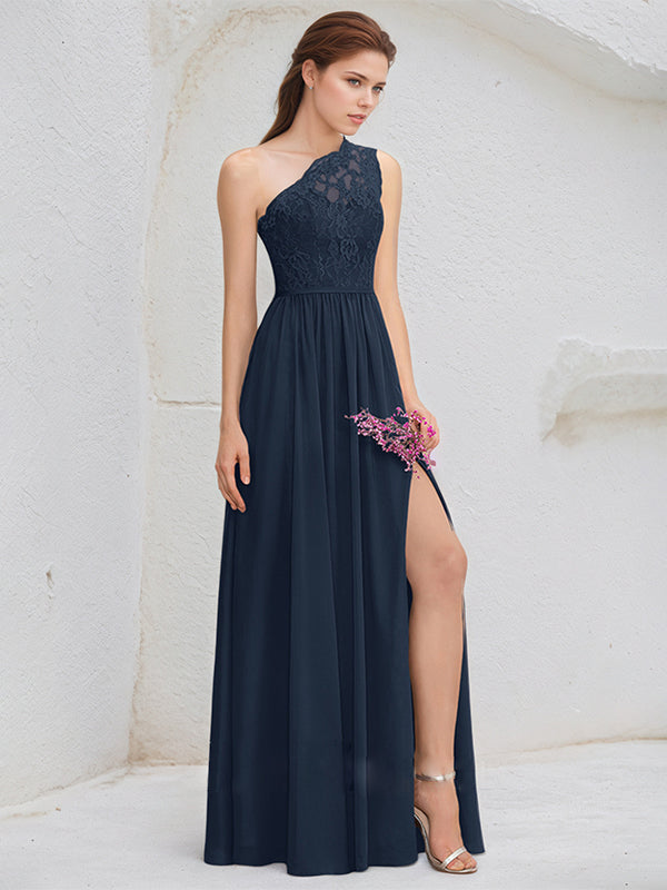 Dark Navy A-Line One Shoulder Floor-Length Lace Chiffon Bridesmaid Dress