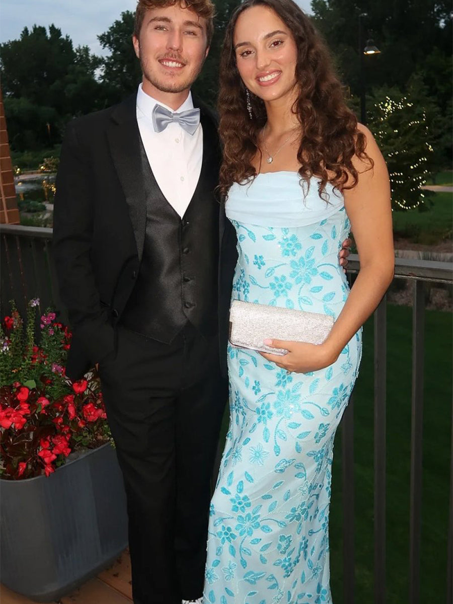 Light Blue Strapless Floral Beaded Prom Dress with Corset Back