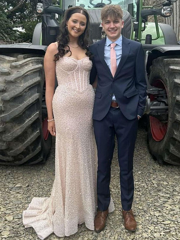 Light Blue Mermaid Spaghetti Straps Long Prom Dress with Beading