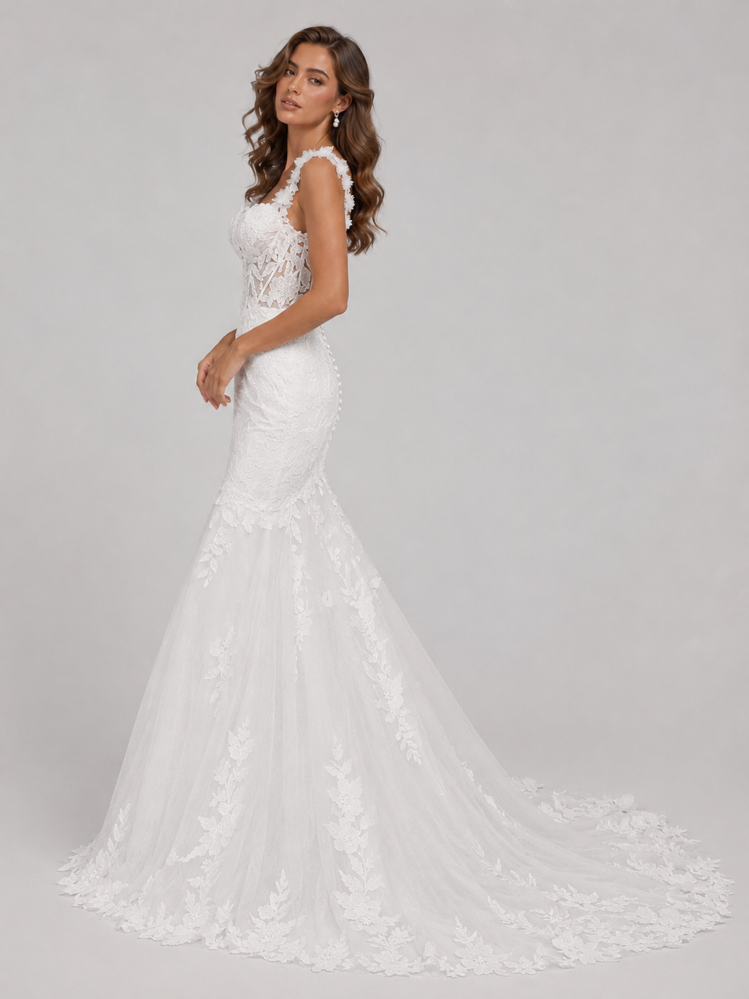 Elegant 3D Floral Strap Sheer Lace Mermaid Wedding Dress with Chapel Train