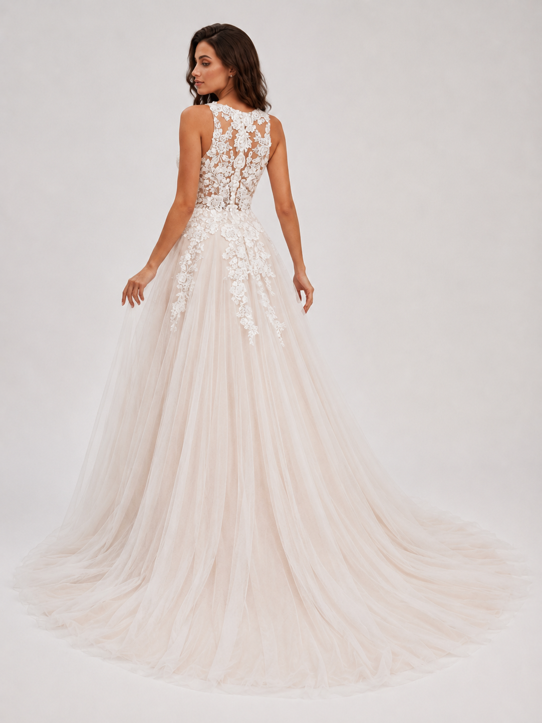 Elegant Illusion V-Neck Lace Applique A-Line Wedding Dress with Chapel Train
