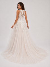 Elegant Illusion V-Neck Lace Applique A-Line Wedding Dress with Chapel Train
