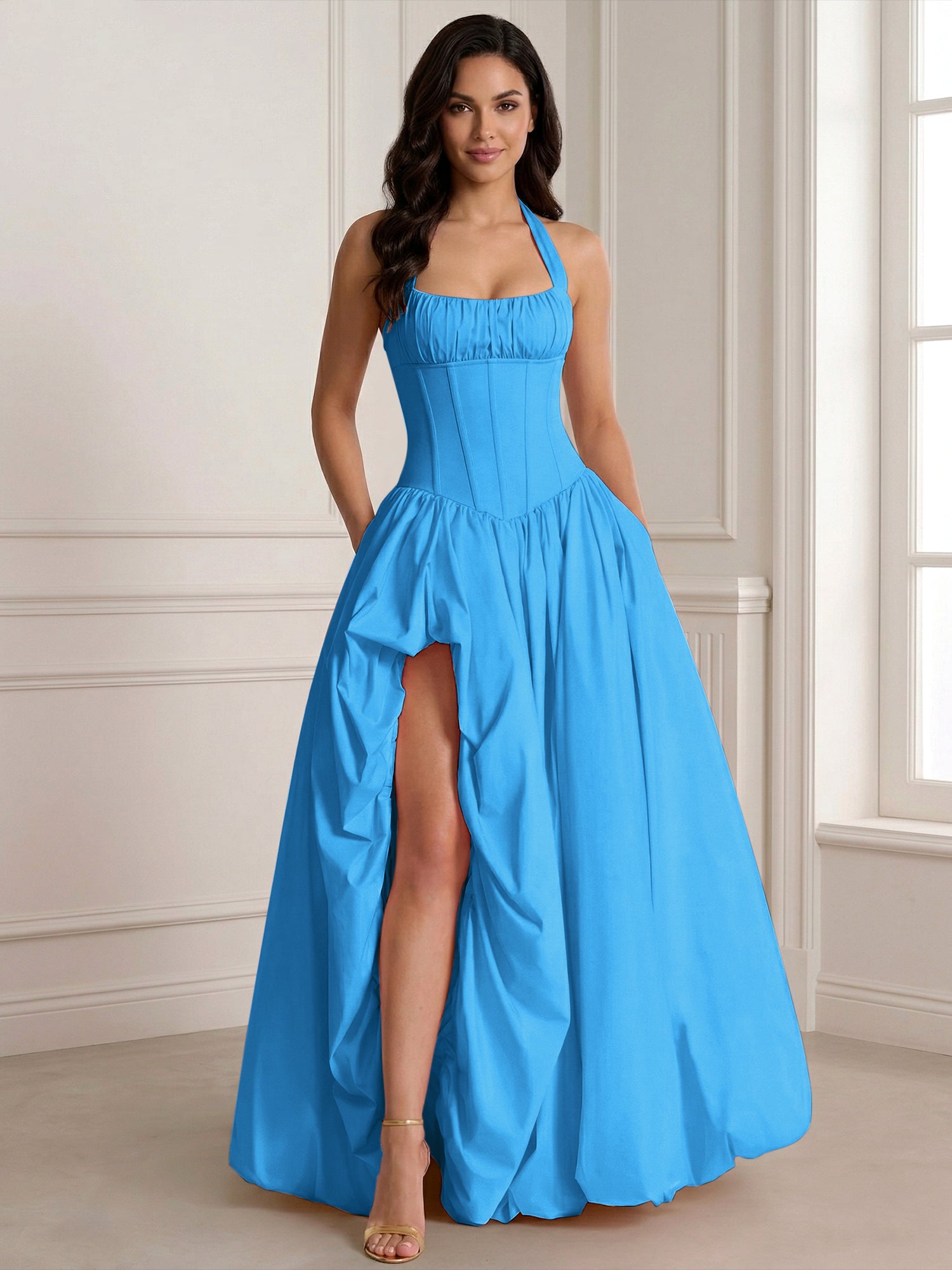 Glamorous Blush Pink Halter Corset Evening Paty Dress Gown