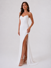 Elegant Spaghetti Strap Ruched Satin Sheath Wedding Dress with High Slit and Chapel Train