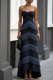 Formal Dress Navy Off the Shoulder Tiered Maxi Dress with Tassel