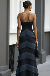 Formal Dress Navy Off the Shoulder Tiered Maxi Dress with Tassel