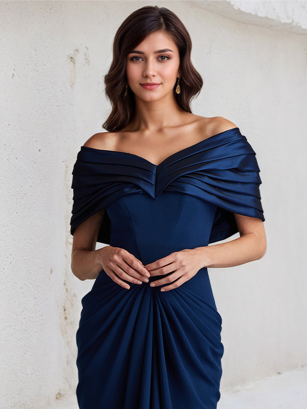 Royal Blue Sheath/Column Off The Shoulder Floor Length Stretch Crepe Dress