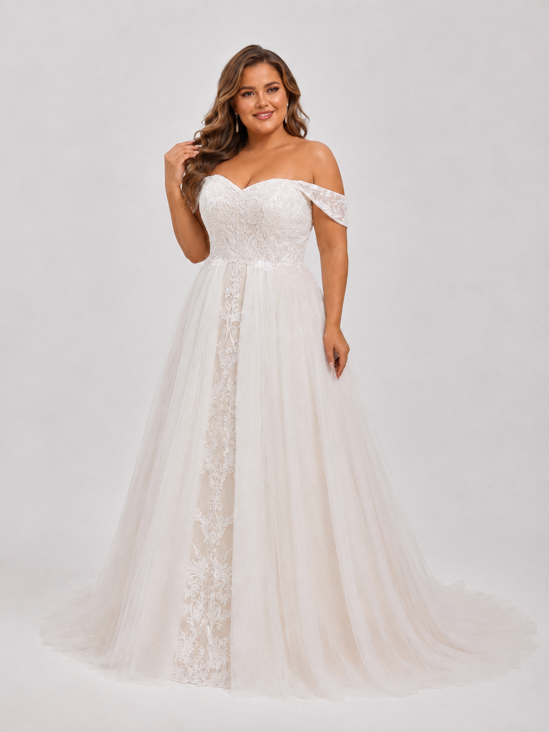 Elegant Off-the-Shoulder Lace Applique A-Line Wedding Dress with Corset Back and Chapel Train