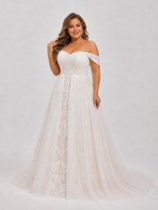 Elegant Off-the-Shoulder Lace Applique A-Line Wedding Dress with Corset Back and Chapel Train