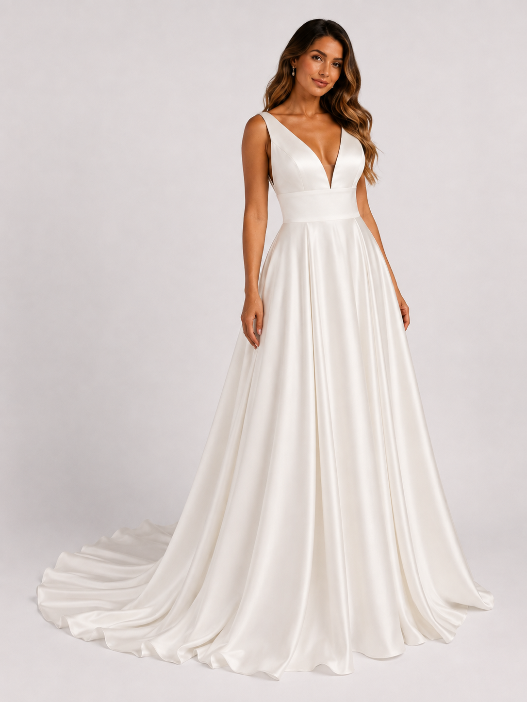 Elegant Plunging V-Neck Satin A-Line Wedding Dress with Chapel Train